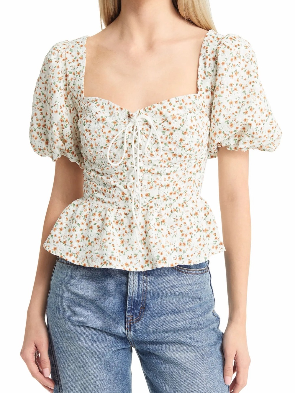 ASTR THE LABEL
Floral Puff Sleeve Lace-Up Corset Crop Top